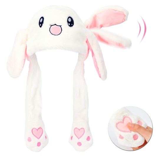 Bubblepompom bunny hat with moving ears in white plush, perfect for playful photos