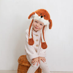Soft plush Bubblepompom fox hat worn during autumn walks