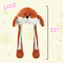 Close-up of soft plush Bubblepompom fox hat with movable ears for cozy wear