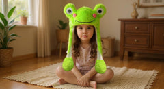 Bubblepompom frog hat side view showcases design and fit