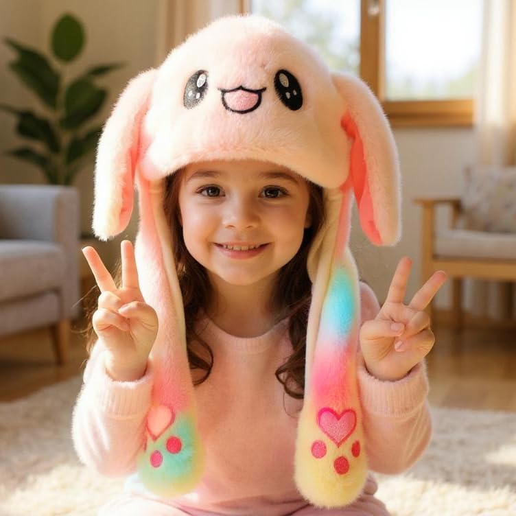 Bubblepompom Rainbow Bunny Hat in soft plush for cozy wear.