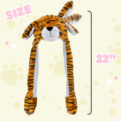 Bubblepompom tiger hat dimensions chart shows size and comfortable fit.