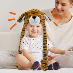 Bubblepompom tiger hat ears moving from side view for interactive play.