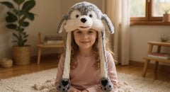 Bubblepompom wolf hat in action during photoshoot, perfect for fun memories.