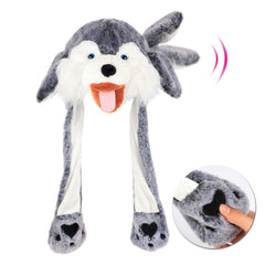 Bubblepompom wolf hat with moving ears front view, soft plush for cute photos.