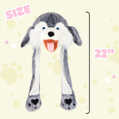 Bubblepompom wolf hat moving ears close-up highlights the movable feature.