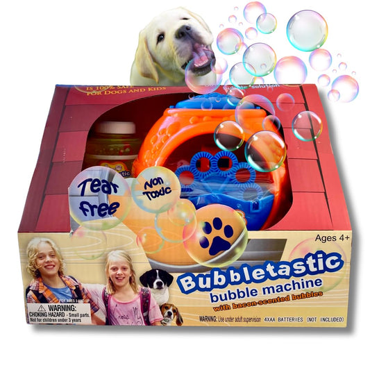 Bubbletastic Bacon Bubble Machine for Dogs front view with bacon-scented bubbles.