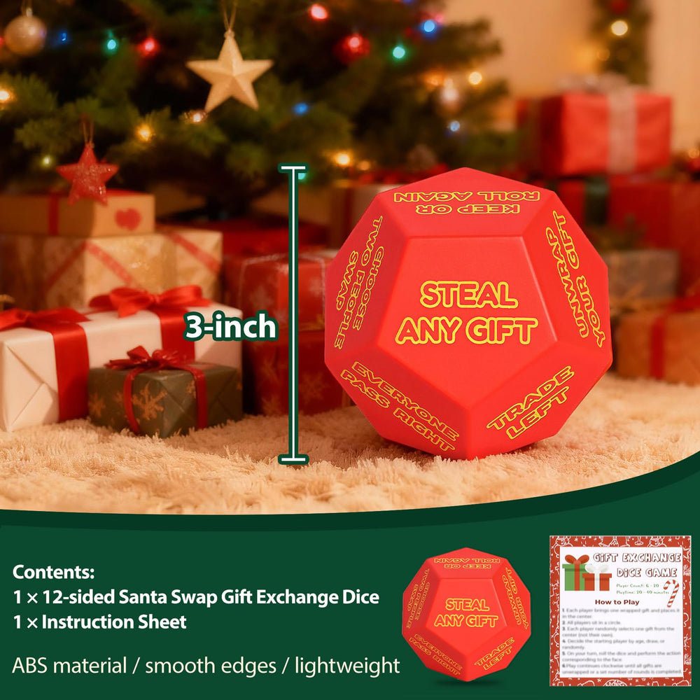 BUBERO Santa Swap Dice on a festive game table during a family gathering.