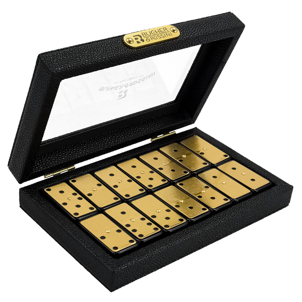 Bucher&Rossini metal surface dominoes set double 6 with black finish for elegant game nights.