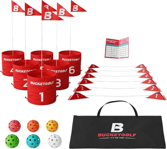 Bucketgolf 6-hole setup on a sunny lawn enabling quick backyard play