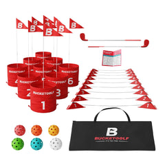 BucketGolf 9-Hole Bundle, outdoor play setup for all ages, perfect in backyards, parks, and beaches.
