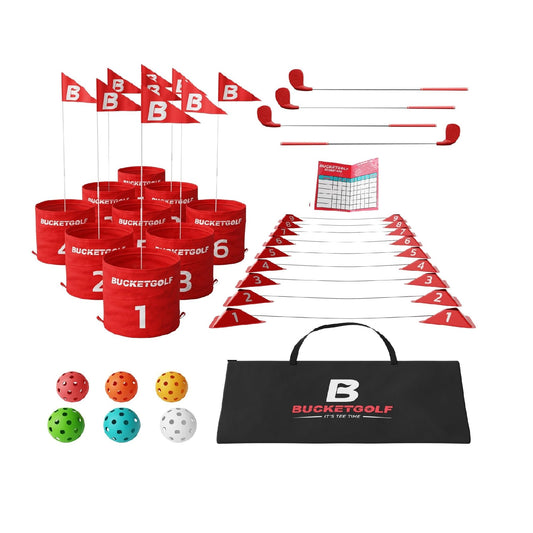 Bucketgolf bundle setup shows the complete system for versatile outdoor play and yard-friendly fun.