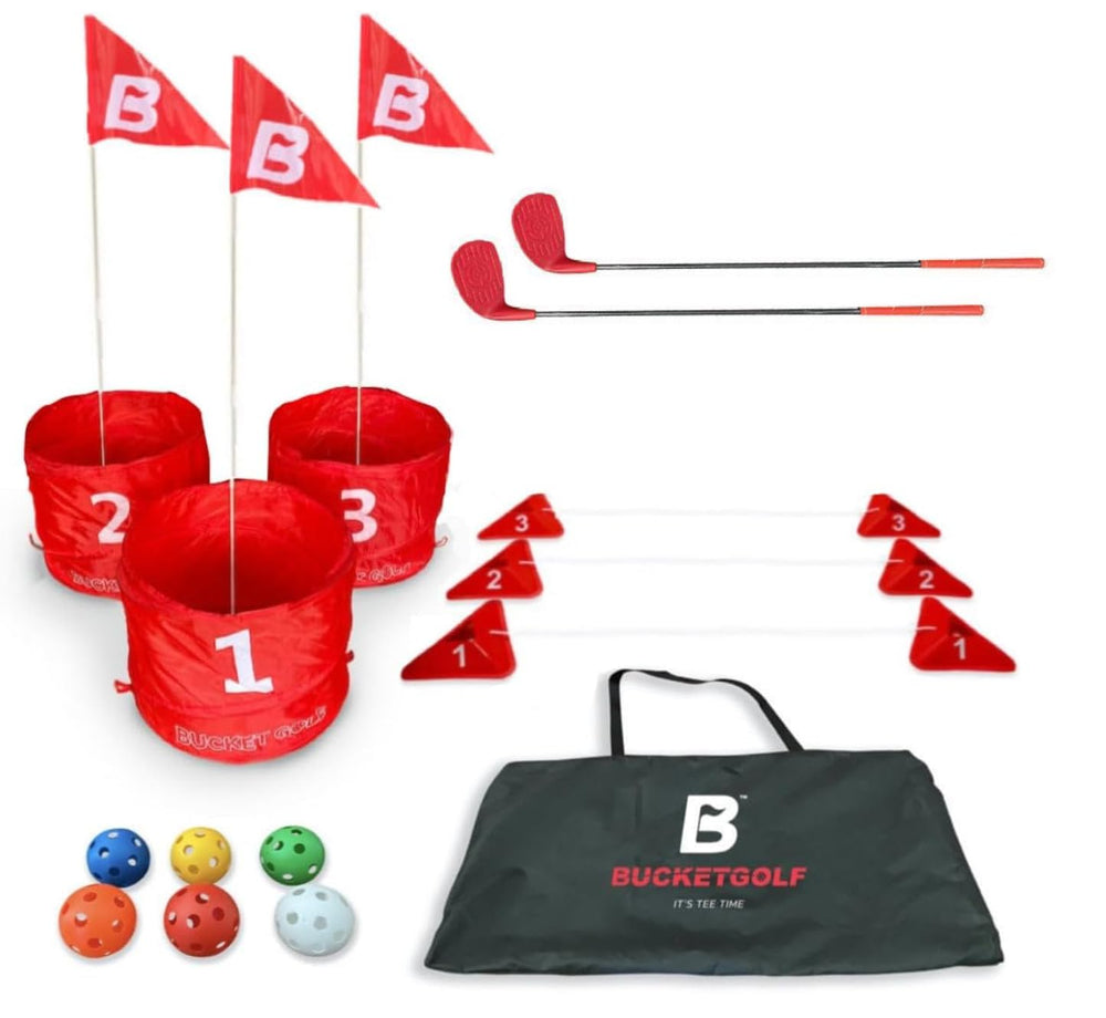 bucketgolf Original Game 3-Hole Travel Set in backyard setup for easy outdoor fun