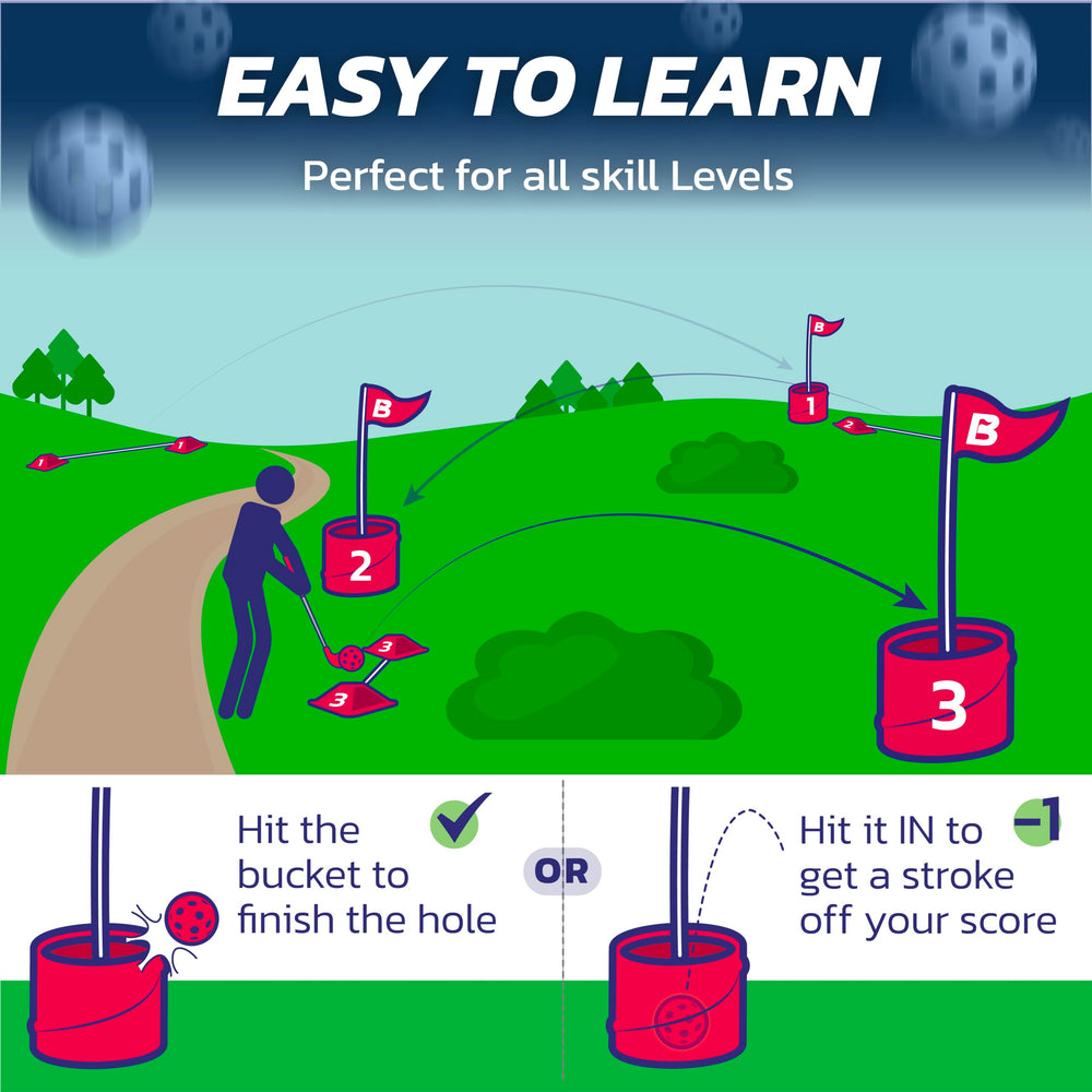 bucketgolf Original Game 3-Hole Travel Set shown with in-house design and support