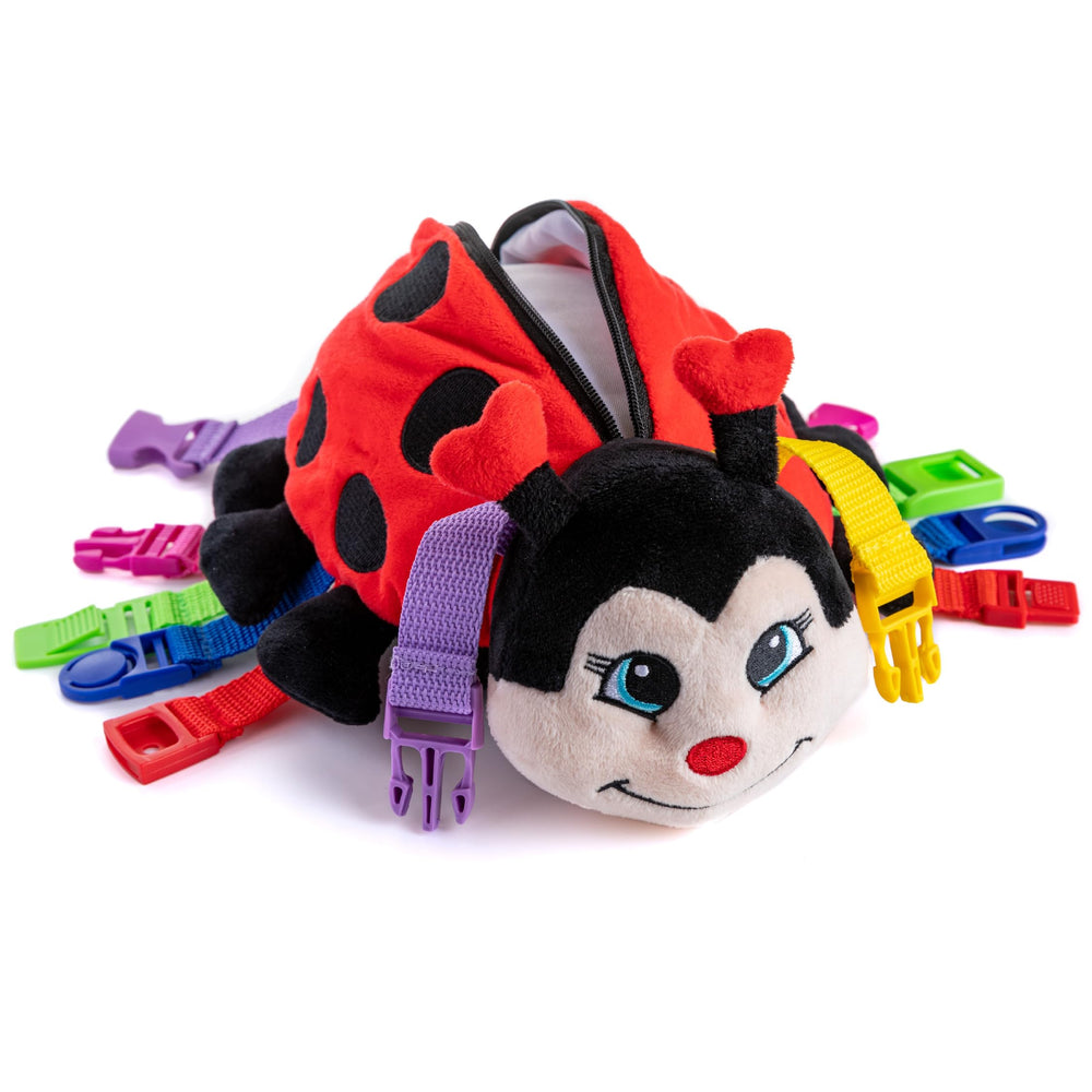 Becky Ladybug front view: Buckle Toys, ideal for on-the-go early learning.