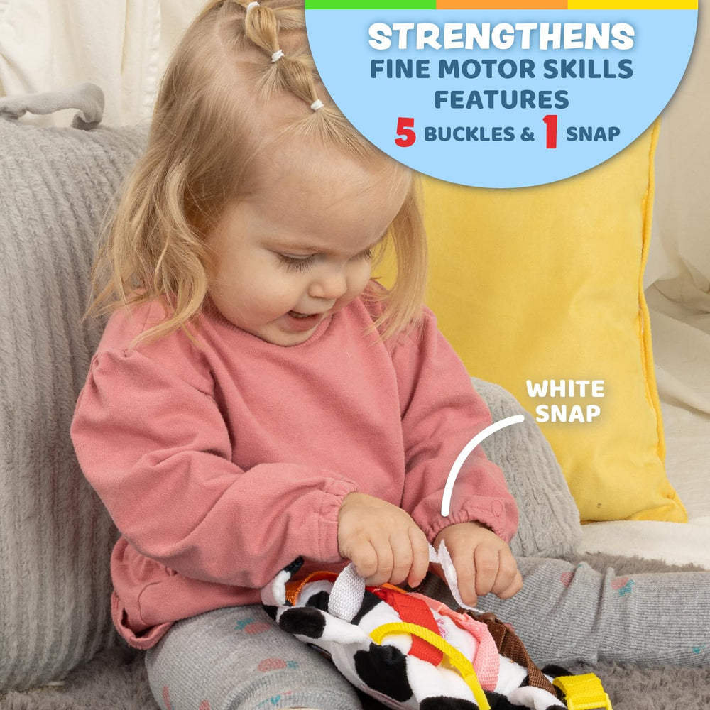 Bessie Cow five-buckles design promotes hands-on problem solving.
