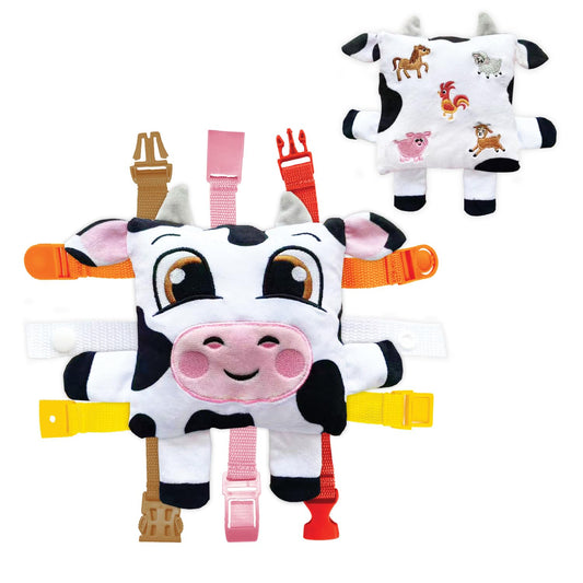 Buckle Toys Bessie Cow learning-square helps toddlers build fine motor skills.