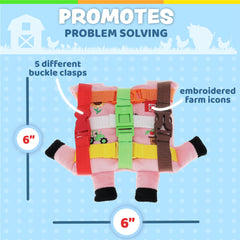 Bright plush design engages toddlers with vibrant colors and farm-themed shapes