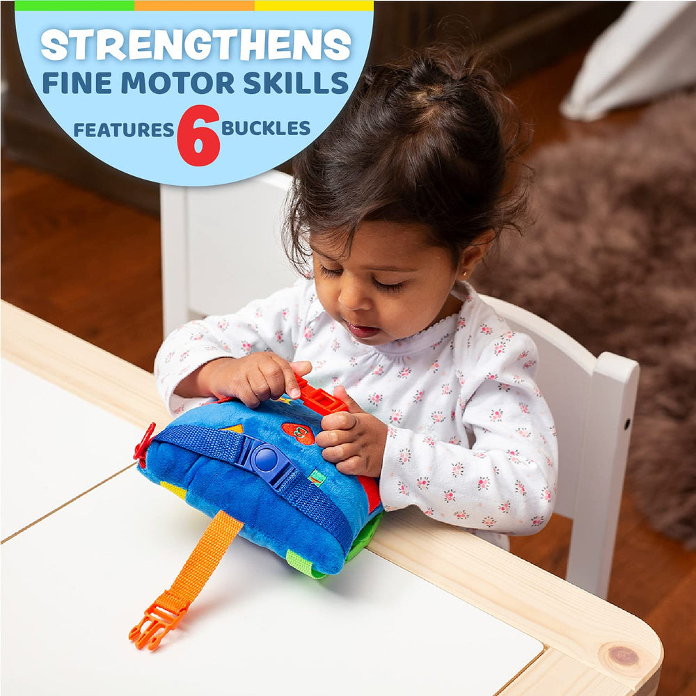 Buckle Toys Boomer Square zipper pocket for tactile exploration and sorting