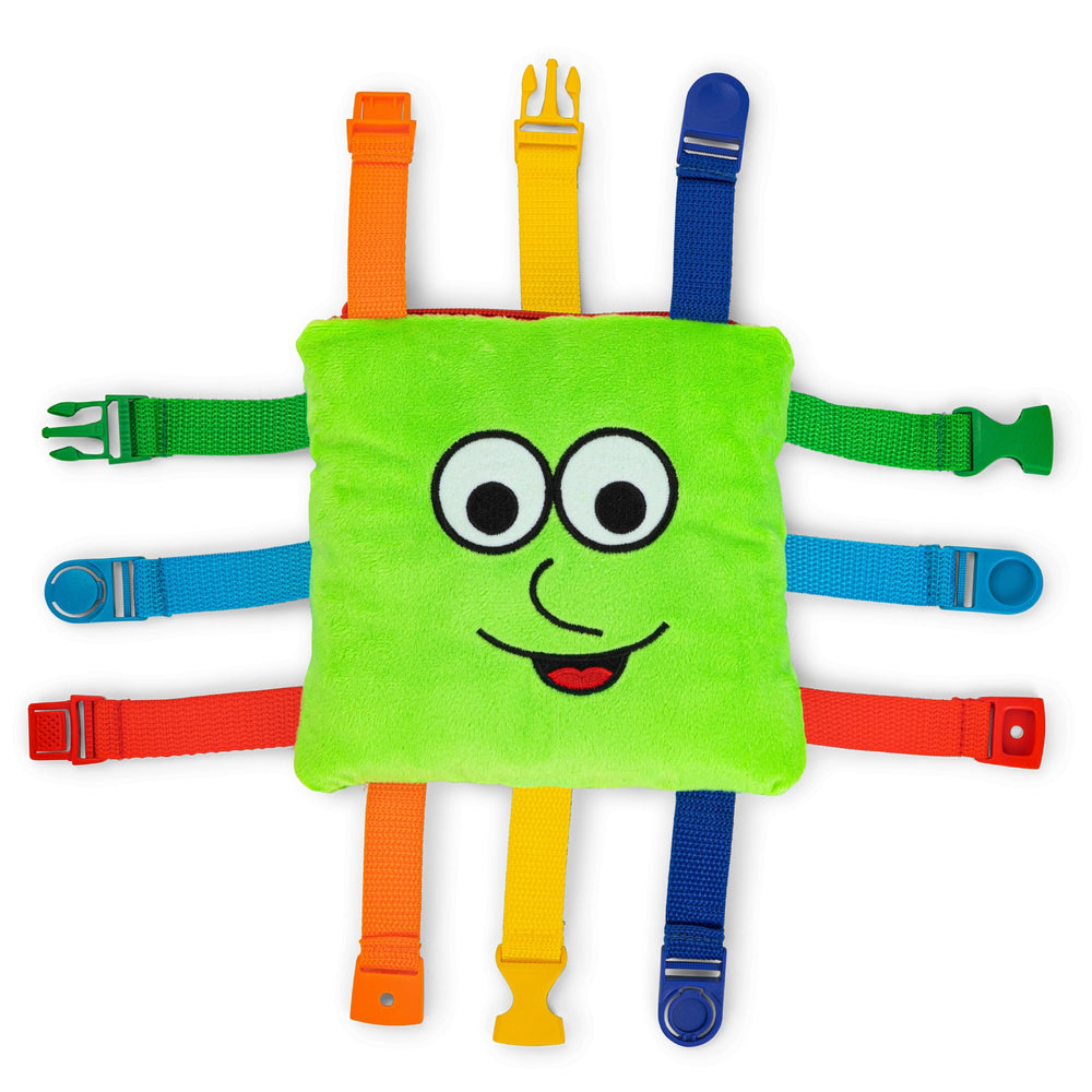Buckle Toys Buster Square showing color and number zipper for engaging early learning.
