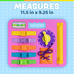 Buckle Toys Busy Board pink colorful-buckles building dexterity through hands-on fastening.