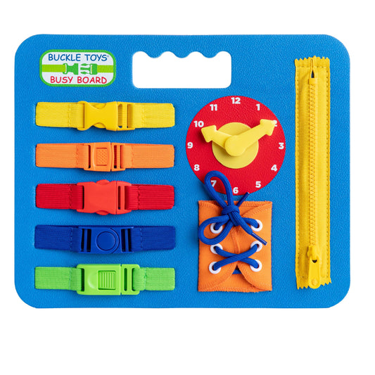 Buckle Toys Busy Board showing colorful buckles for fine motor practice and play on the go