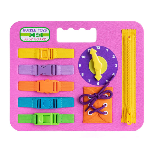 Buckle Toys Busy Board pink foam-base for portable, quiet learning on the go.