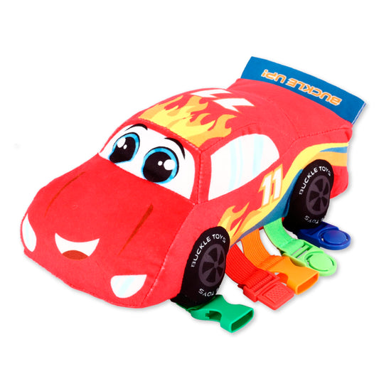 Buckle Toys Bullet Racecar buckle toy helps toddlers practice fine motor skills during play.