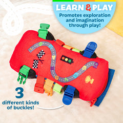 Spoiler detail with Buckle Up encourages safe driving habits during play.