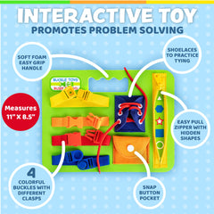 Buckle Toys Busy Board learn to tie feature to practice shoe lacing