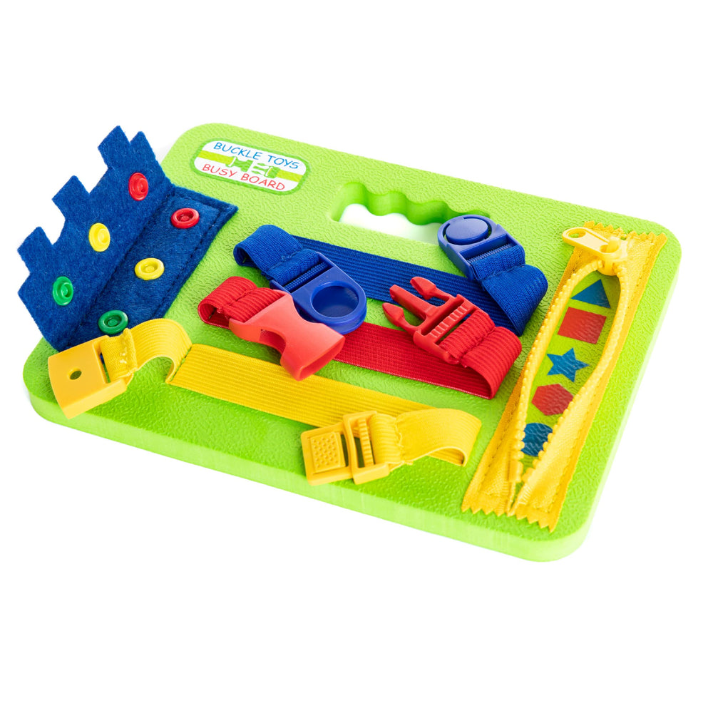Buckle Toys mini busy board has a built-in travel handle for on-the-go play.