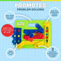 Buckle Toys mini busy board zipper with shapes underneath for problem-solving exploration.