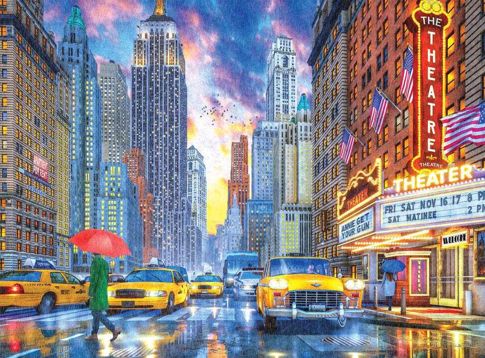 Buffalo Games Rainy Manhattan night cityscape, immersive puzzling for focus and relaxation.