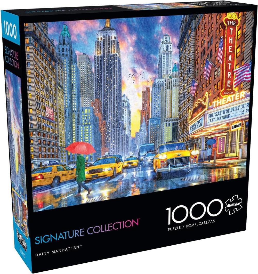 Buffalo Games Rainy Manhattan puzzle setup by Dominic Davison, interlocking pieces for a satisfying fit.