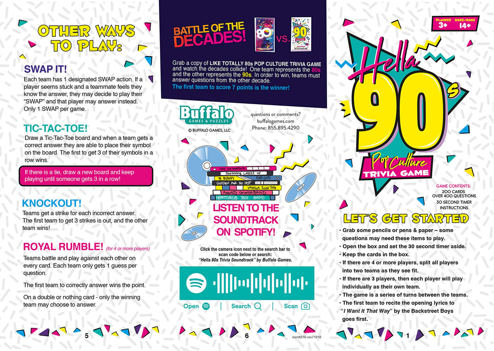 Buffalo Games Hella 90's instruction card helps players set up quickly.