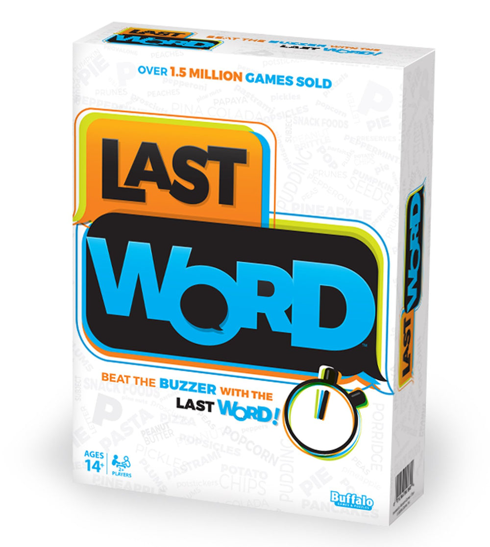 Buffalo Games Last Word board and pawns shown for fast-paced family word play