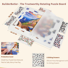 BuilderButler six-drawer design keeps puzzle pieces organized during transport.