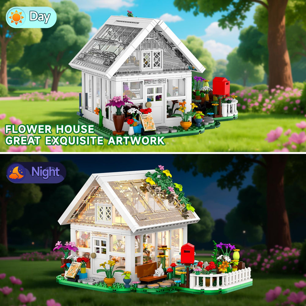 Buildify Flower House with roof open showing play-ready interior.