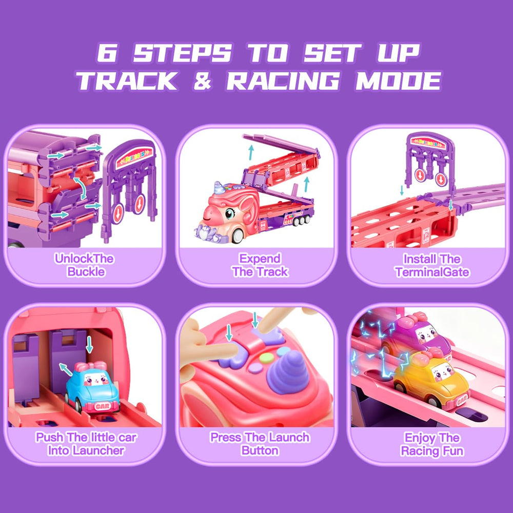 Bulucoben unicorn car supports hand-eye coordination during track setup.