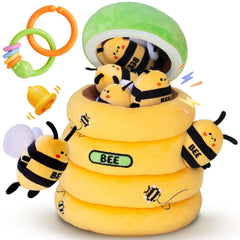 BUMBELIN beehive plush toy with 5 bees for sensory play and rattling sounds.
