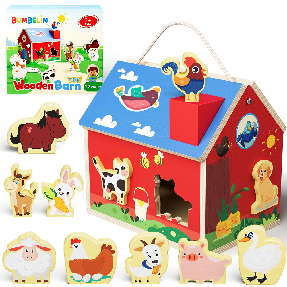 BUMBELIN wooden barn shape sorter with open roof for easy access during play.