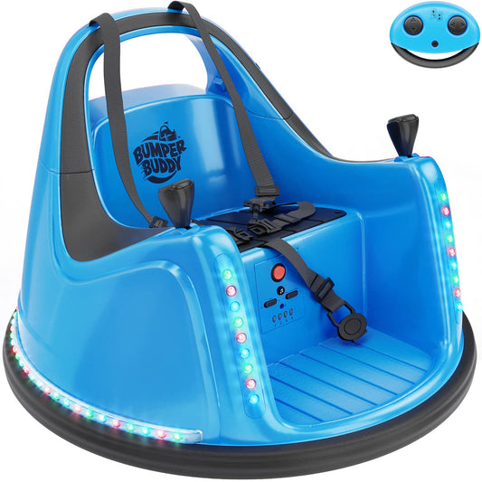 Bumper Buddy ride-on car front view with vivid lights for kids