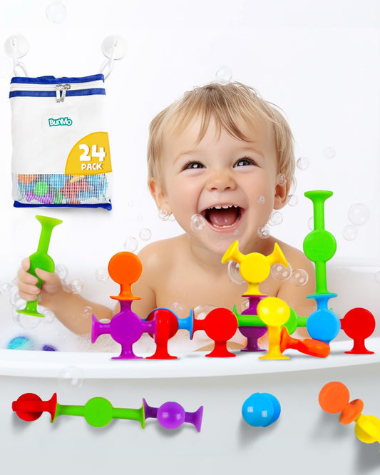 BUNMO bath toys cling to tile walls for colorful mosaics