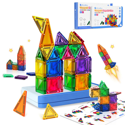 BunnyBoo Mini Tiles travel case opened, showcasing 42 pieces for on the go play.