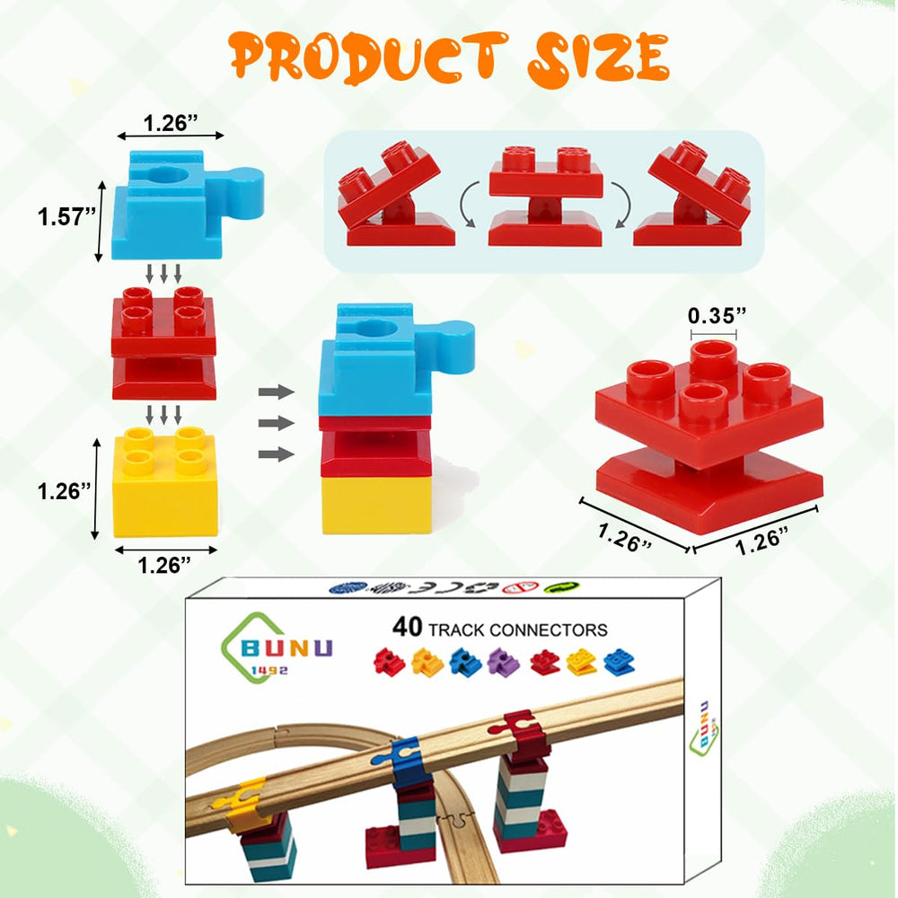 40-piece connector set arranged for seamless track assembly with compatible wooden rails.