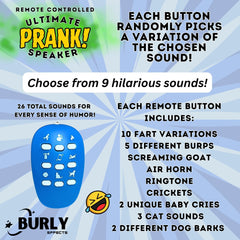 Burly Effects remote control with 9 buttons enables distance-controlled pranks and quick chaos.