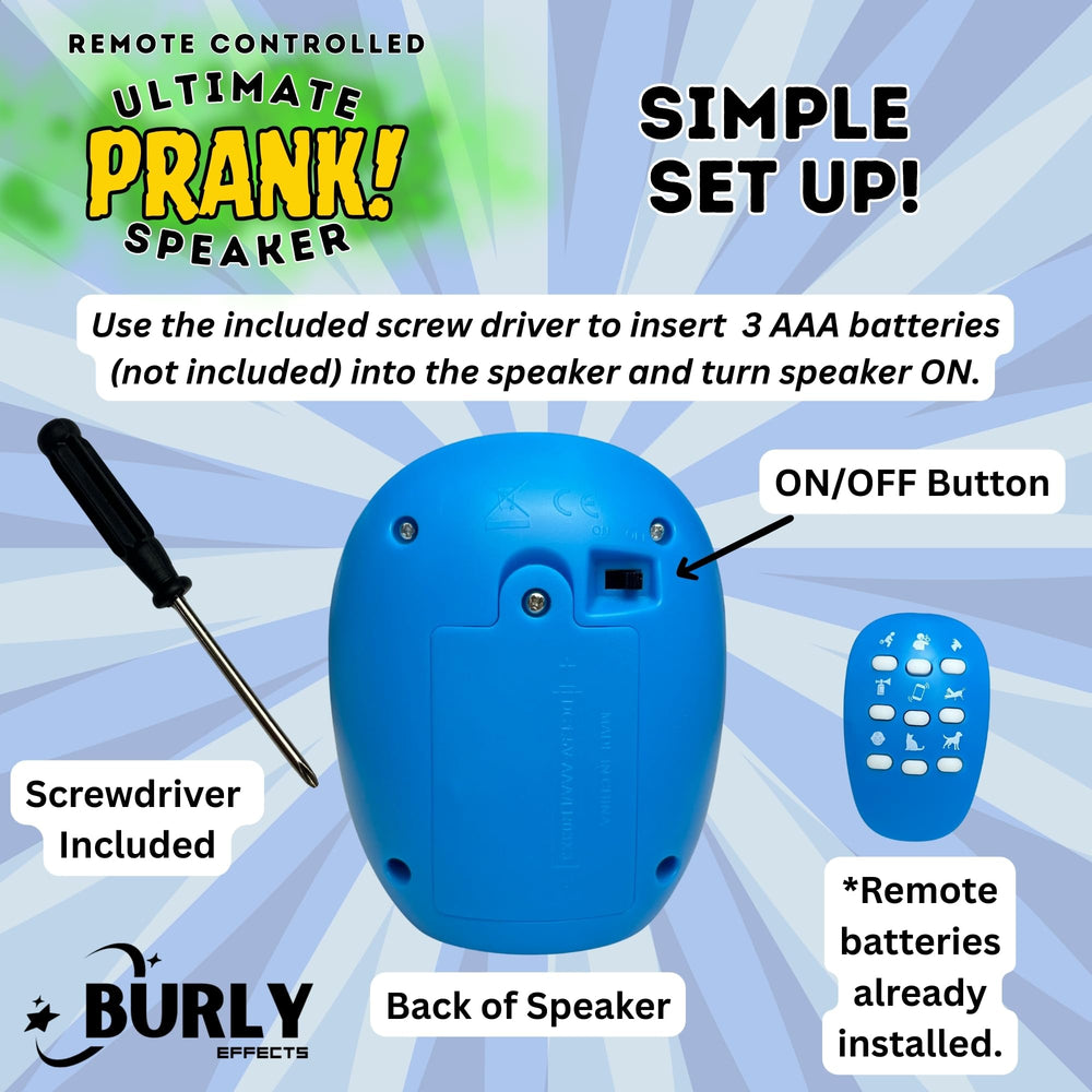 Burly Effects compact prank speaker tucked behind furniture for discreet fun.