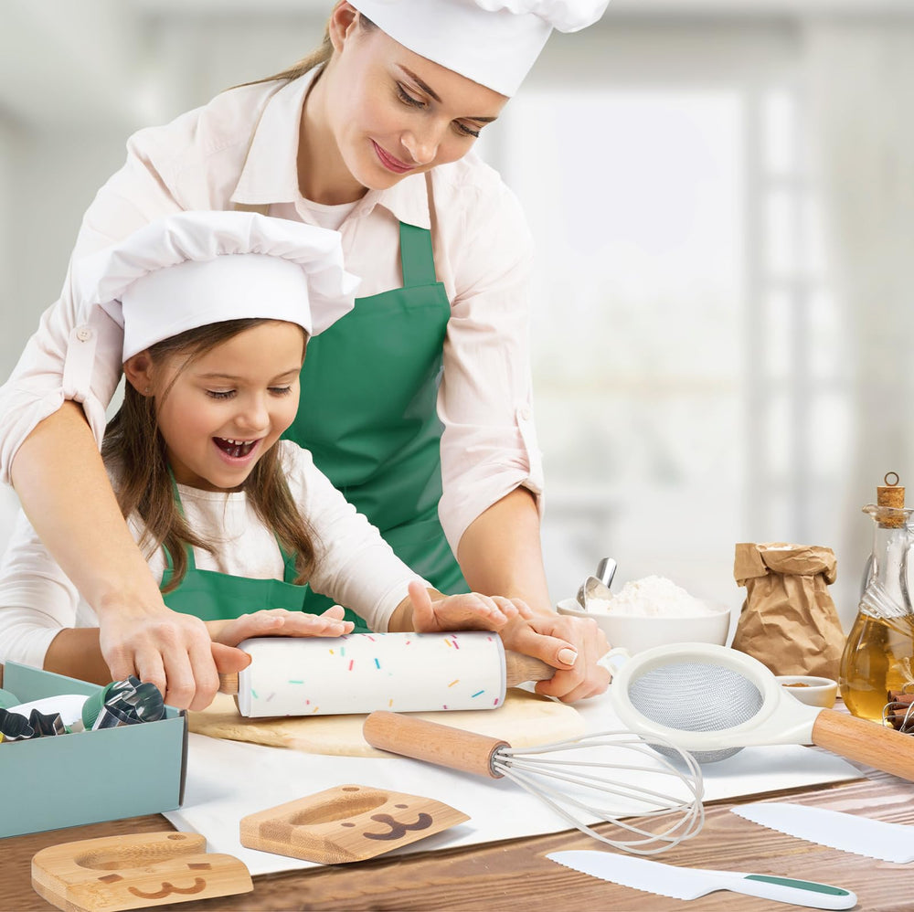 Busy Edition kids safe knife set kid apron for mess-free cooking sessions.