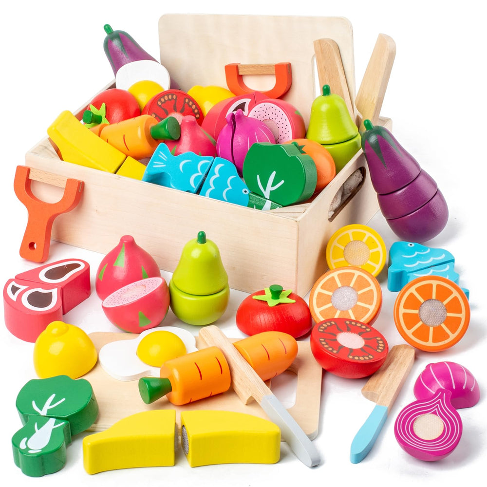 Busy Edition wooden play food set with cutting board for realistic pretend meals