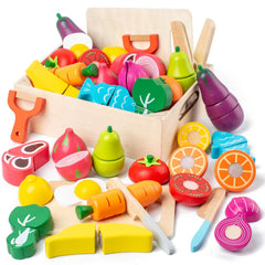 Busy Edition wooden play food set with cutting board for realistic pretend meals